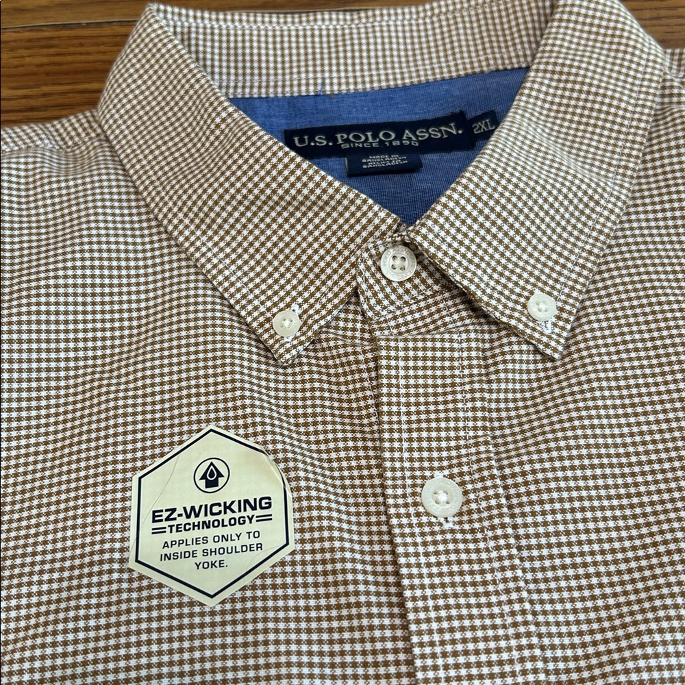 NWT U.S. Polo Assn. Men's Tan and Brown Micro-Check Button-Down Shirt - Picture 3 of 7